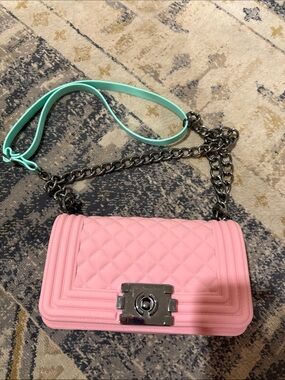 Pink Quilted Chain Shoulder Bag with Mint Strap